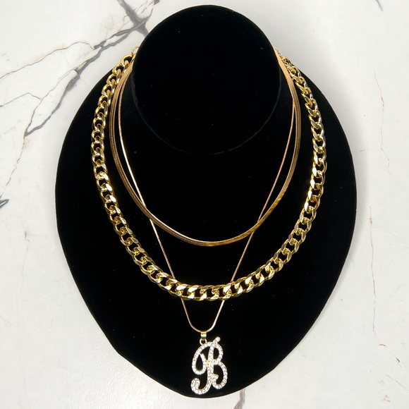 3PC Layered Letter B Rhinestone Gold Chainlink Snake Necklace Bundle Set - Picture 4 of 7